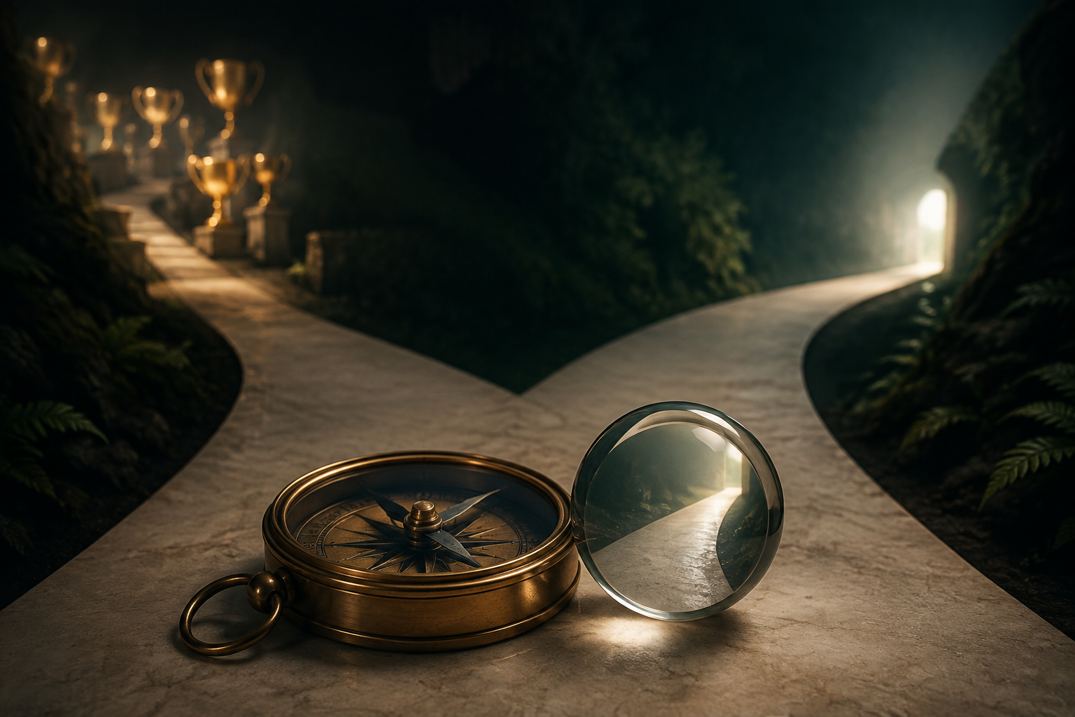 A brass compass and clear lens beside paths leading toward trophies and steady light
