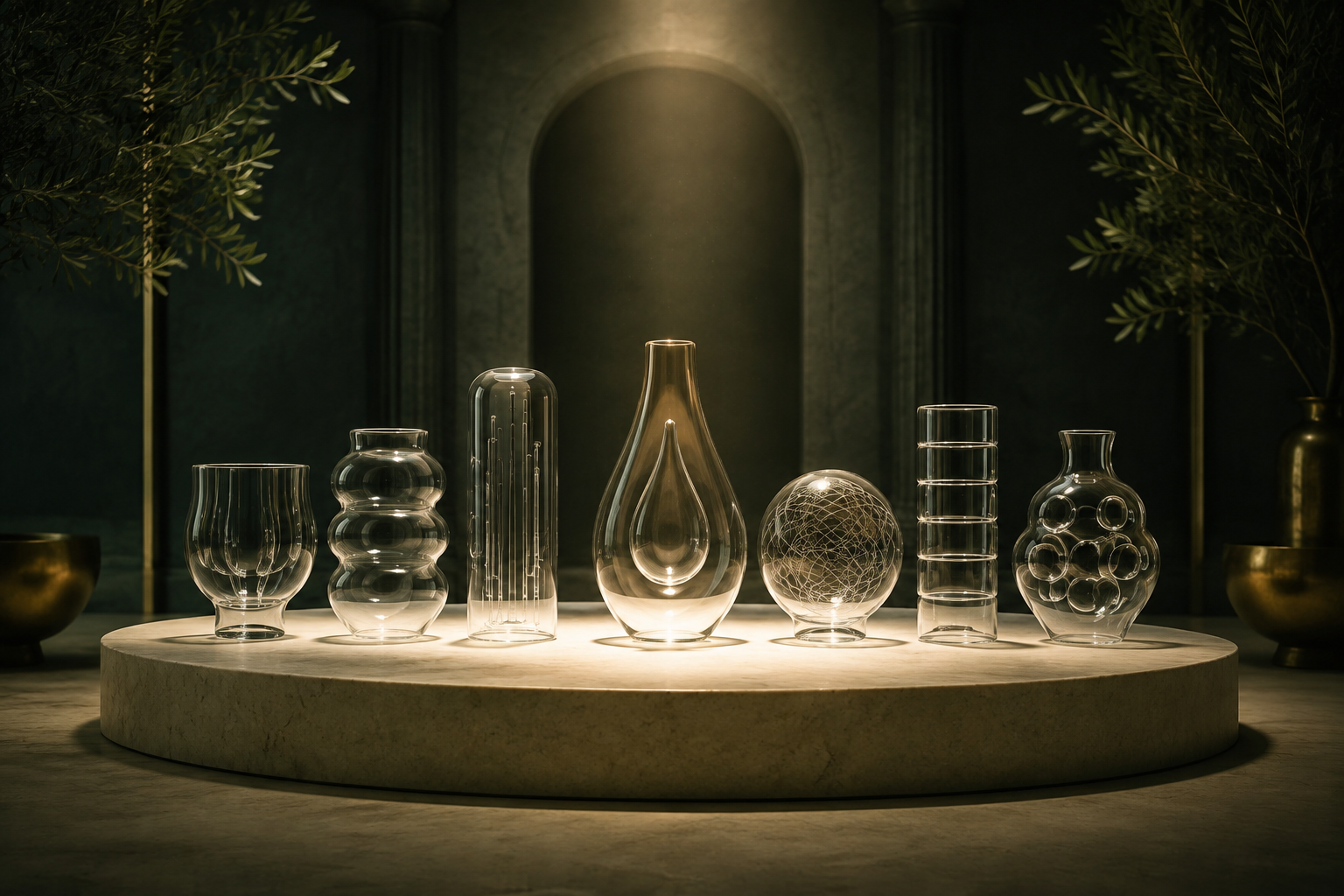 Distinct glass vessels resting on one level foundation beneath the same warm light