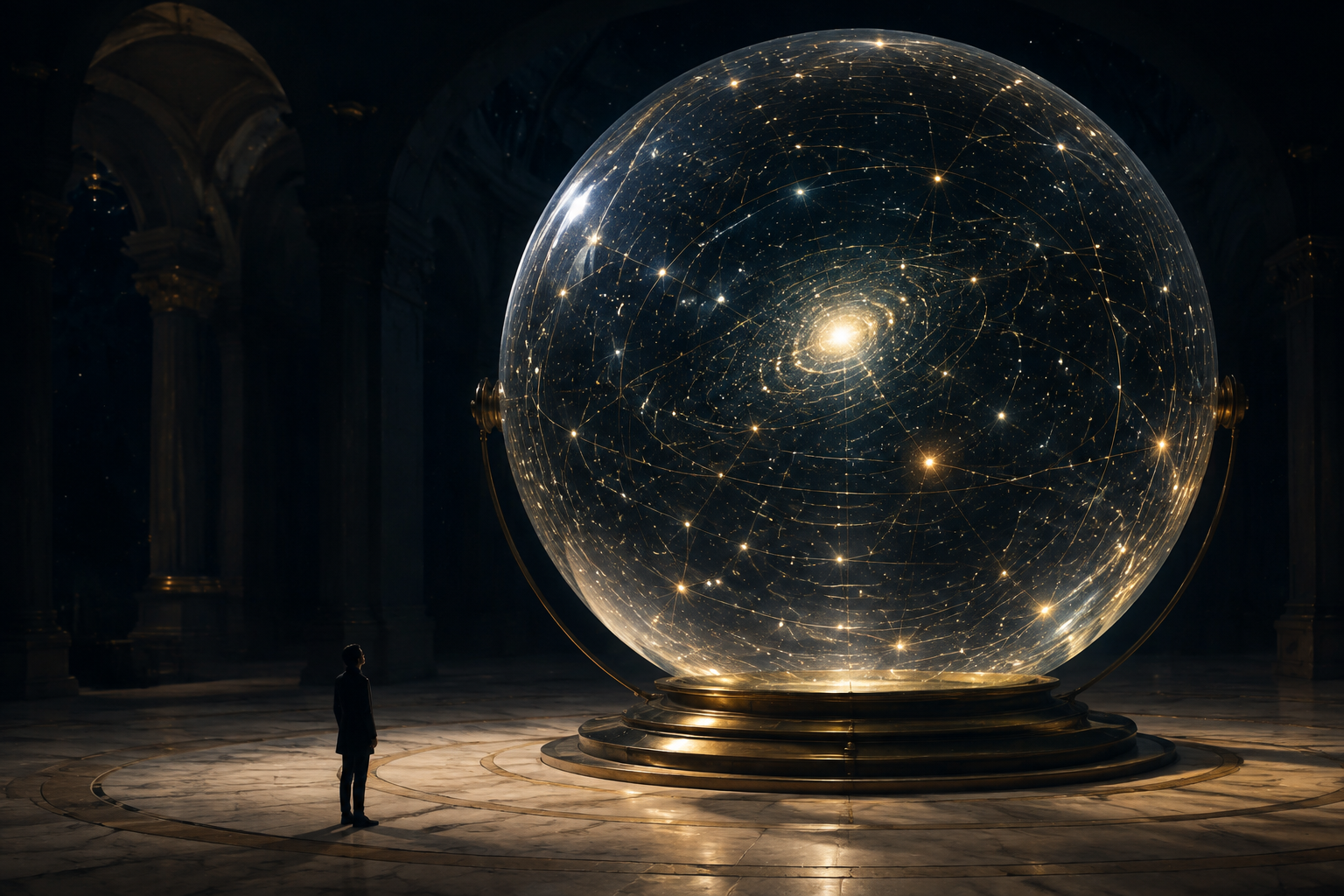 A finite human figure studying an immense glass sphere filled with ordered stars