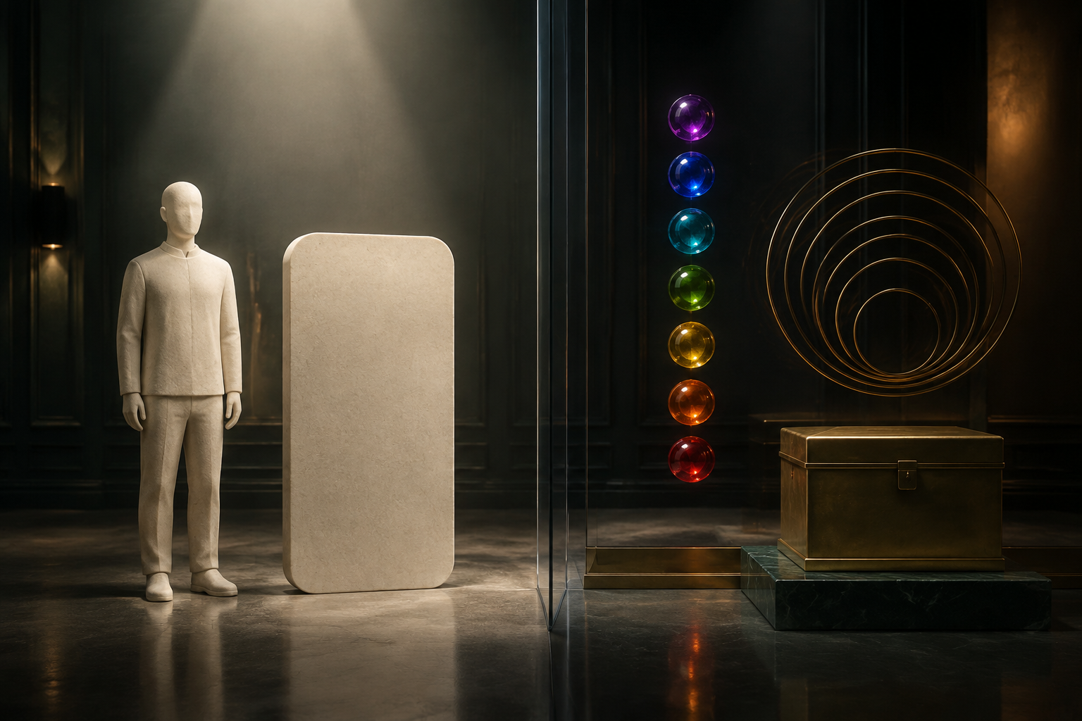 A glass boundary separating a plain human figure from seven colored energy orbs and a sealed brass box