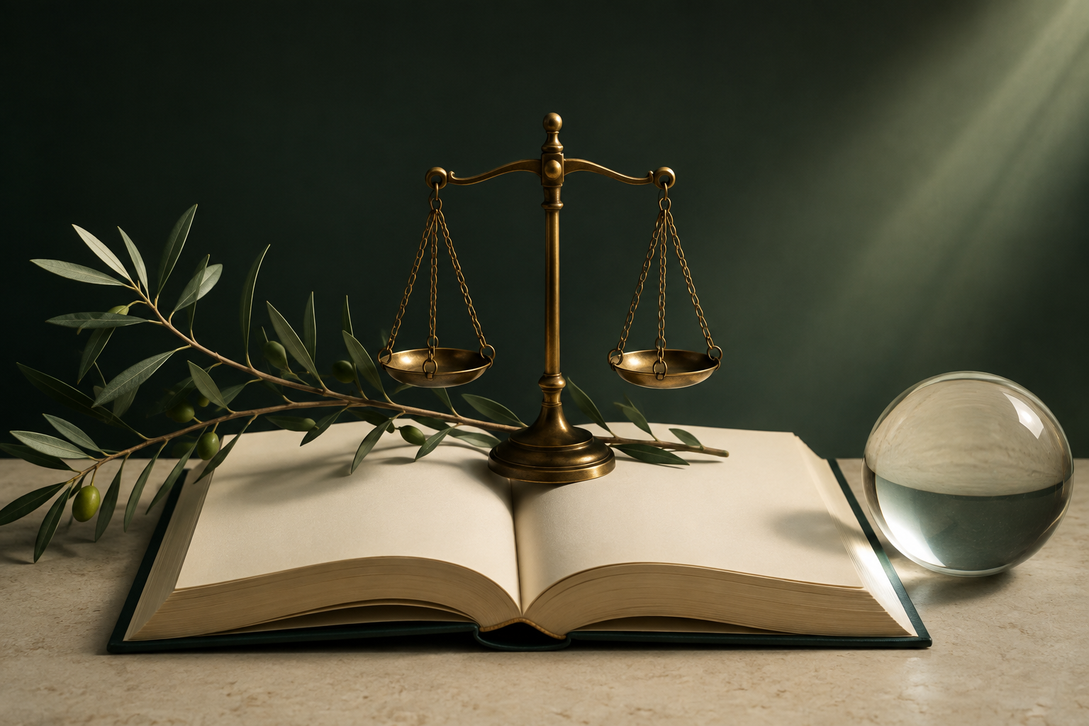 A balanced brass scale resting on a blank open book beside an olive branch and clear lens