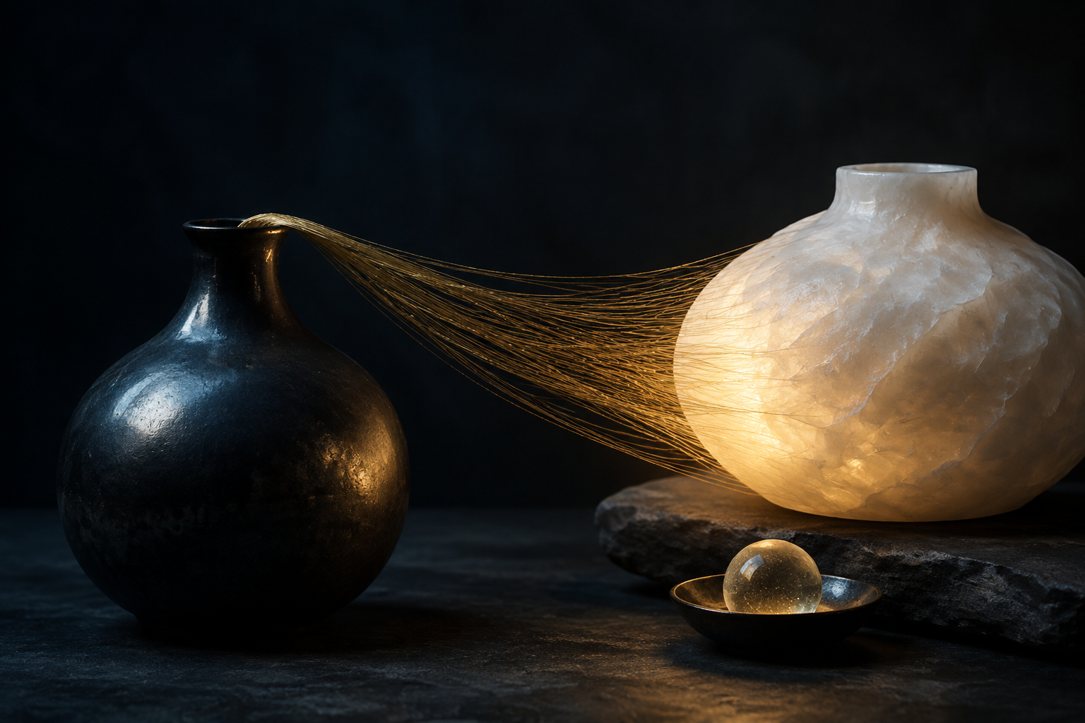 A polished dark vessel drawing loose threads from a nearby luminous form, symbolizing emotionally draining interaction