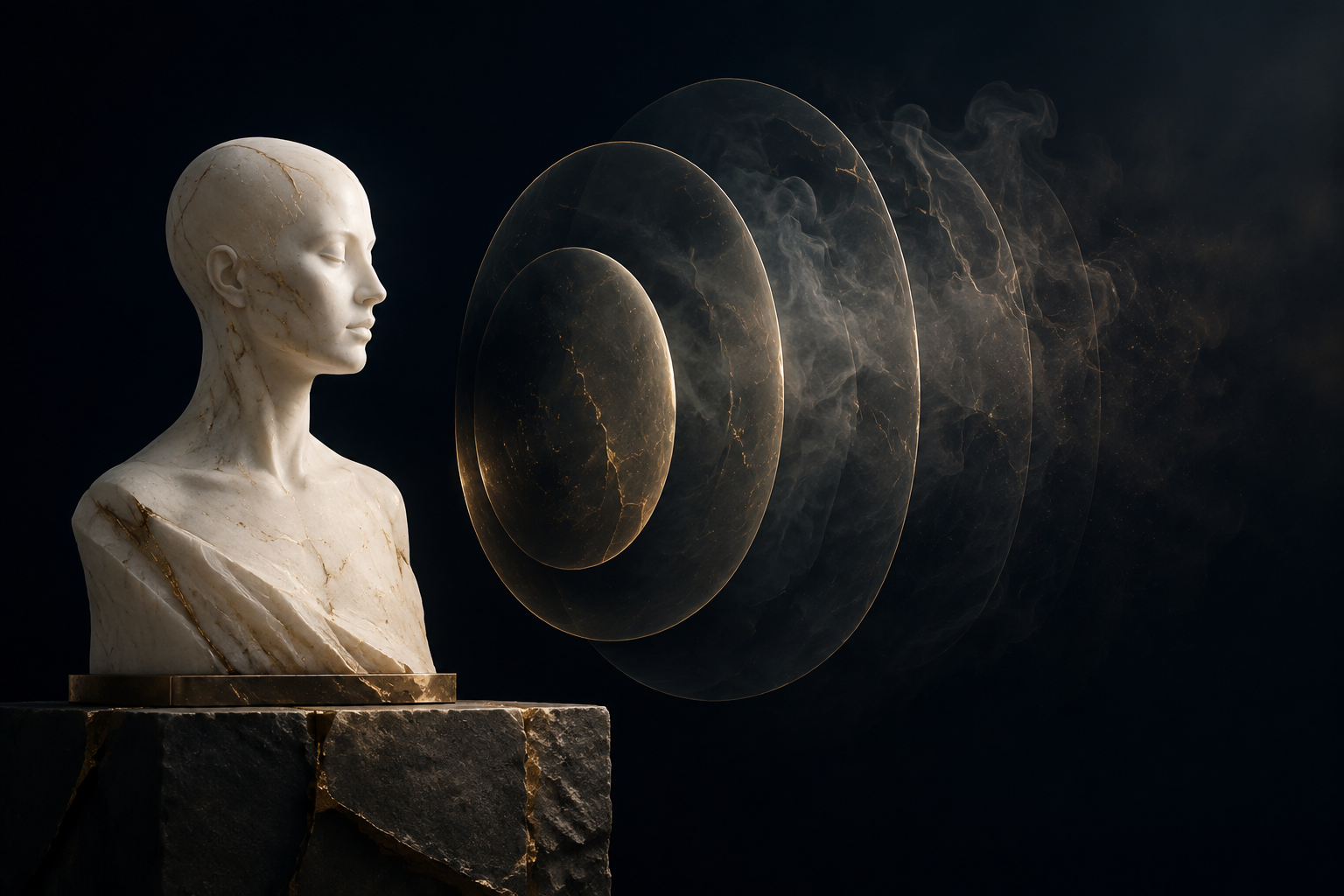 A human silhouette beside layered translucent fields and a clear grounded foundation, contrasting aura theory with embodied personhood