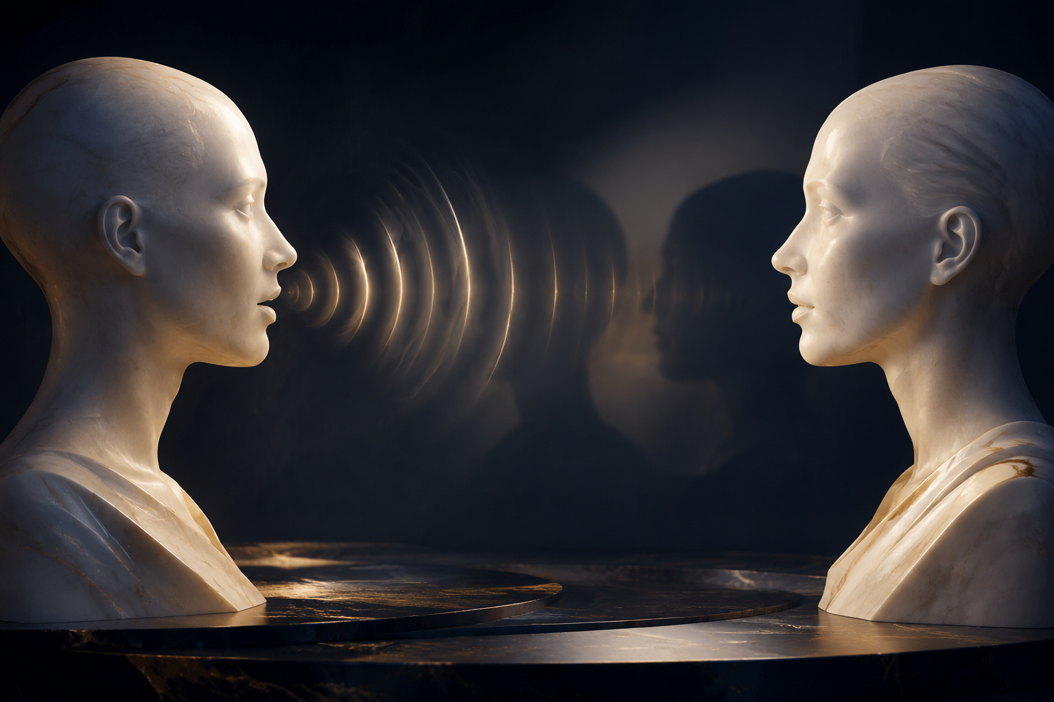 Two sculpted figures connected by waves of light and shadow through posture and expression, symbolizing emotional influence