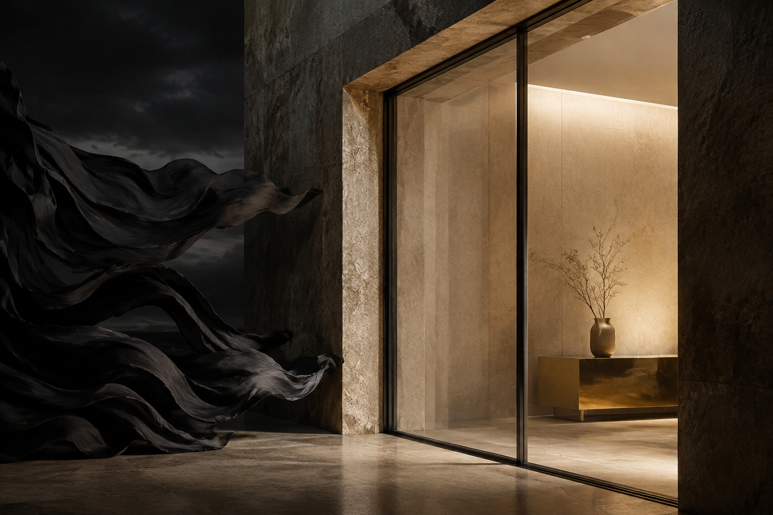 A calm doorway with a strong transparent boundary separating ordered light from turbulent shadow