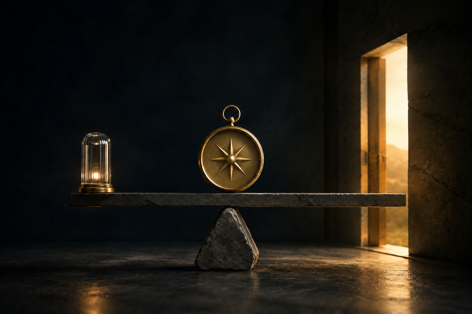 A balanced compass resting between a clear lamp and an open doorway, symbolizing truthful and loving discernment