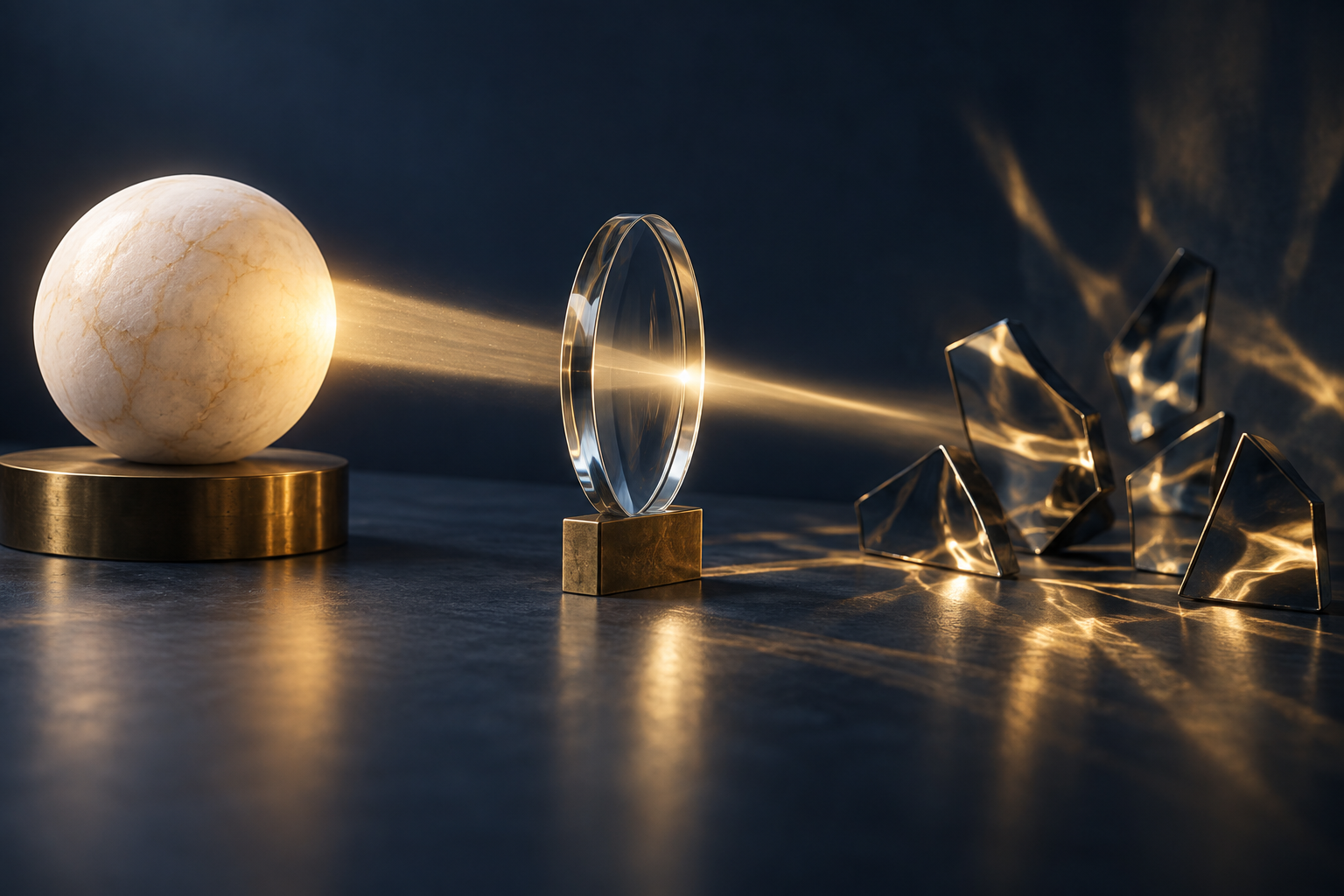 A clear lens receiving light from a fixed stone sphere while distorted reflections dissolve around it