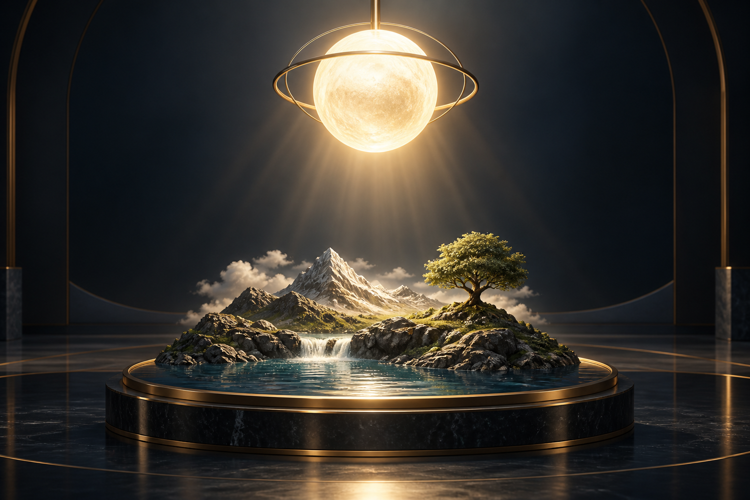 A luminous source above a crafted world with a clear boundary between creator and creation
