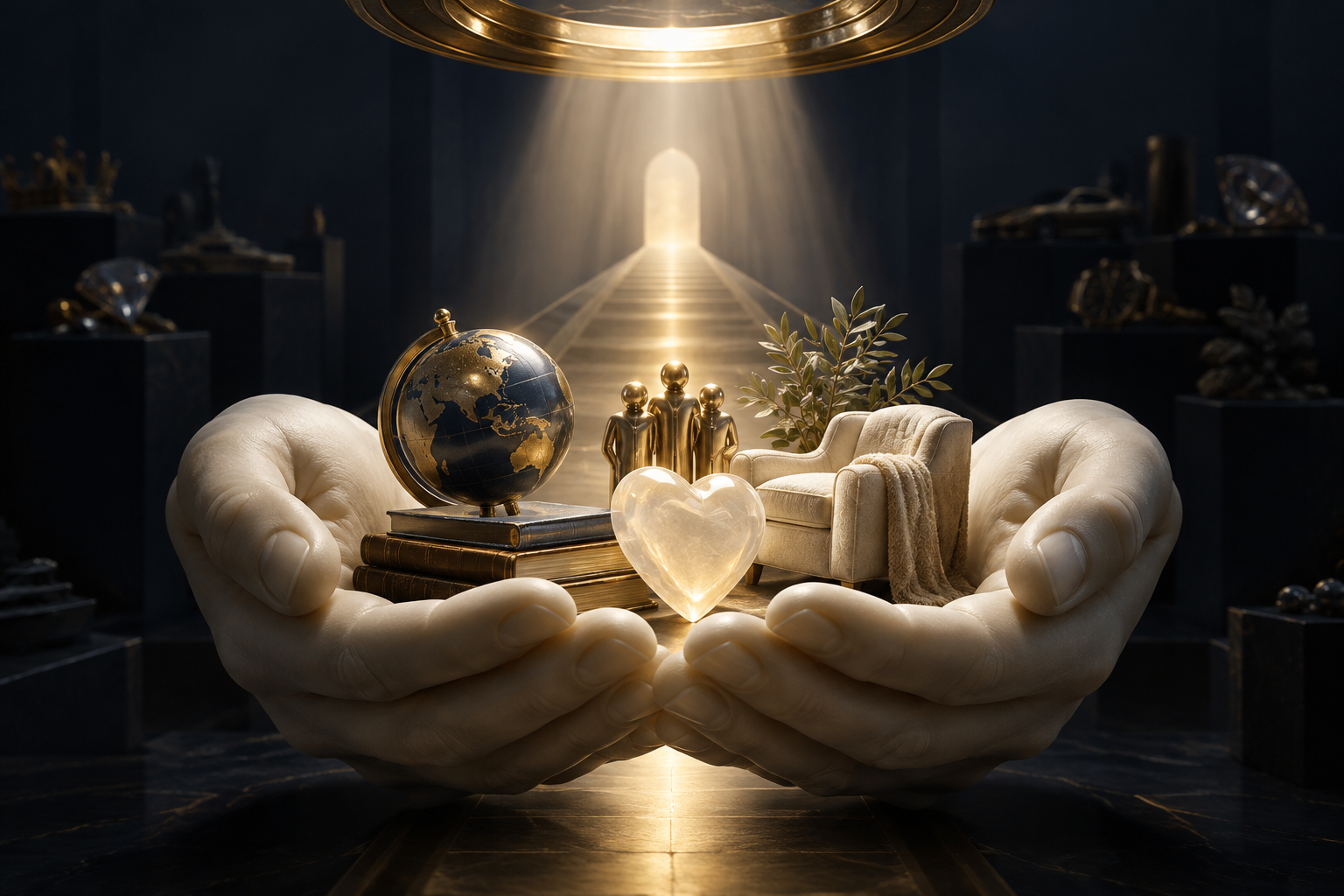 An open pair of hands holding varied desires beneath a steady higher light and a measured path