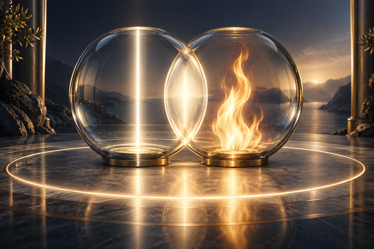 Two interlocking vessels of clear light balanced around a central flame, symbolizing truth and love in unity