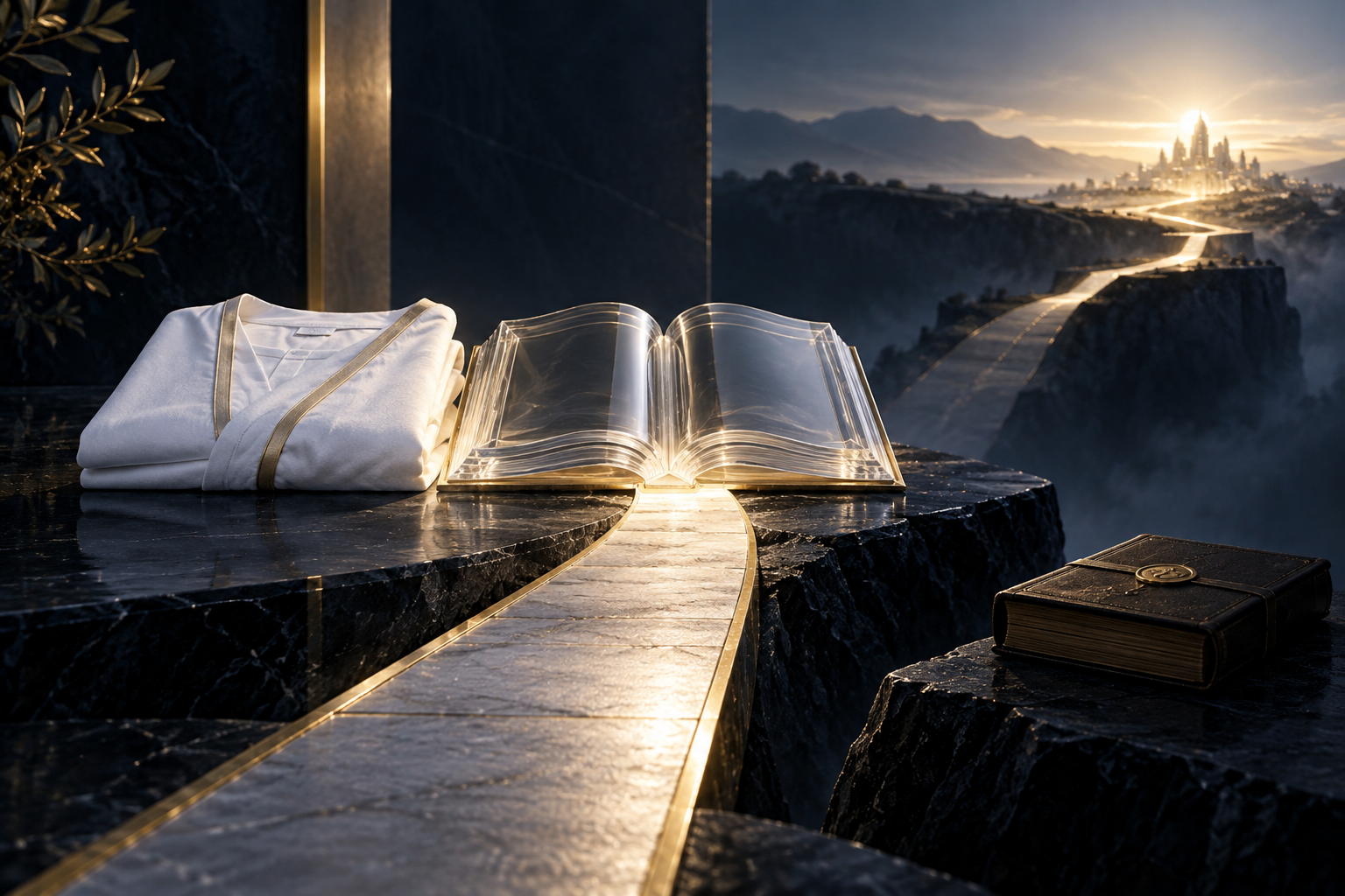A clean white garment joined to an open book and a lived pathway, symbolizing belief expressed through obedience