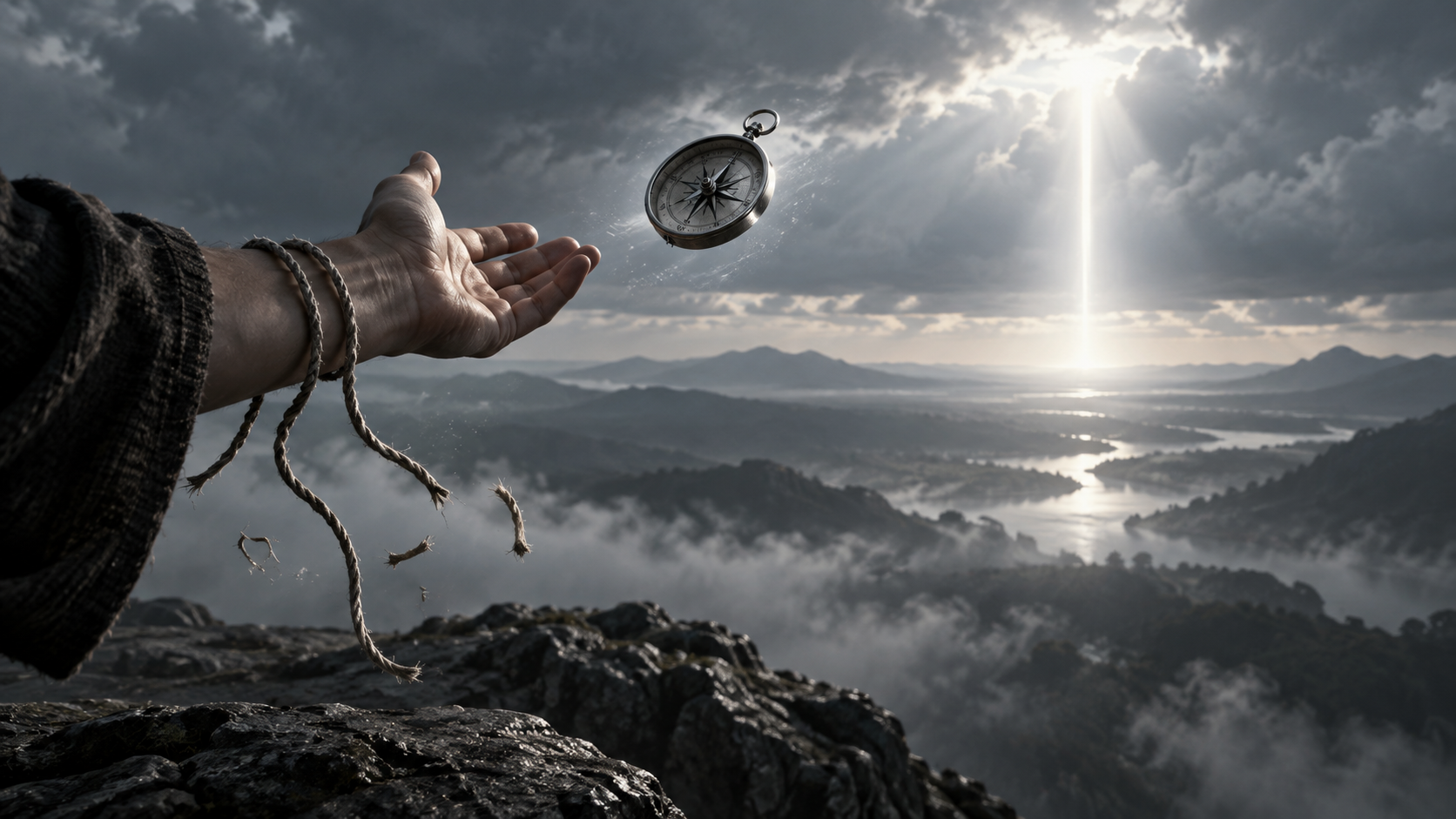 An open hand releasing a compass toward a beam of light, symbolizing active trust without control