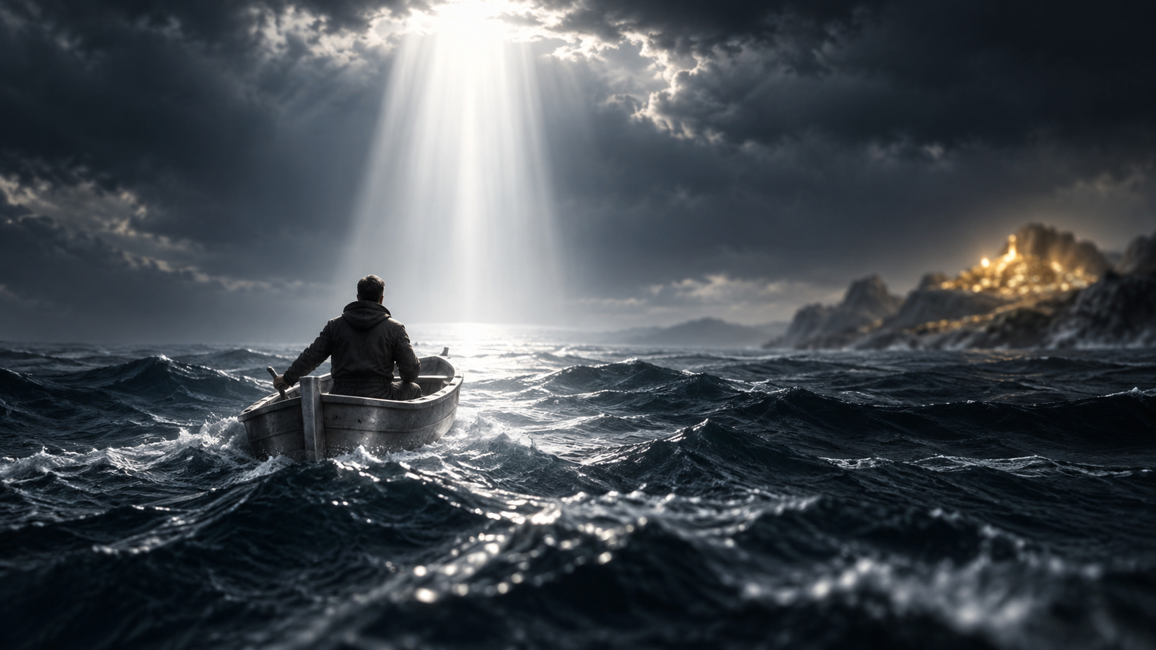 A small boat moving through dark waves toward a steady column of light, symbolizing faithfulness during trials