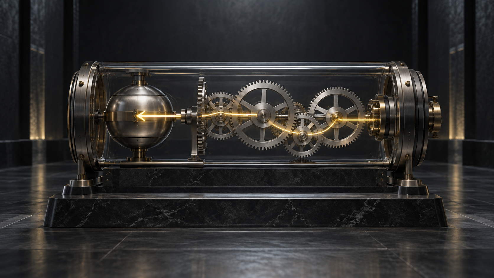 A sealed clockwork mechanism with a light traveling backward through its gears, representing the claim of retro psychokinesis