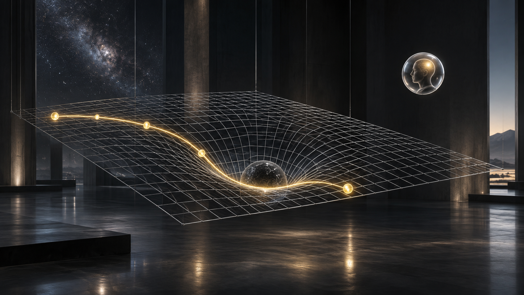 A precise spacetime grid beside a separate glowing thought sphere, illustrating the difference between physics and manifestation claims