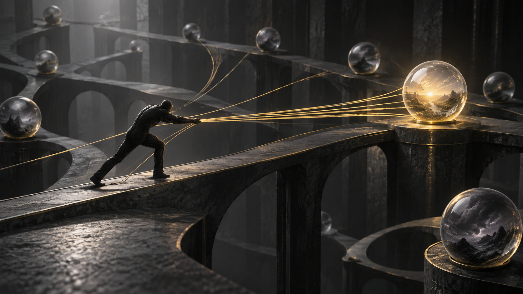 A human silhouette trying to pull probability pathways toward one desired outcome, representing manifestation as control