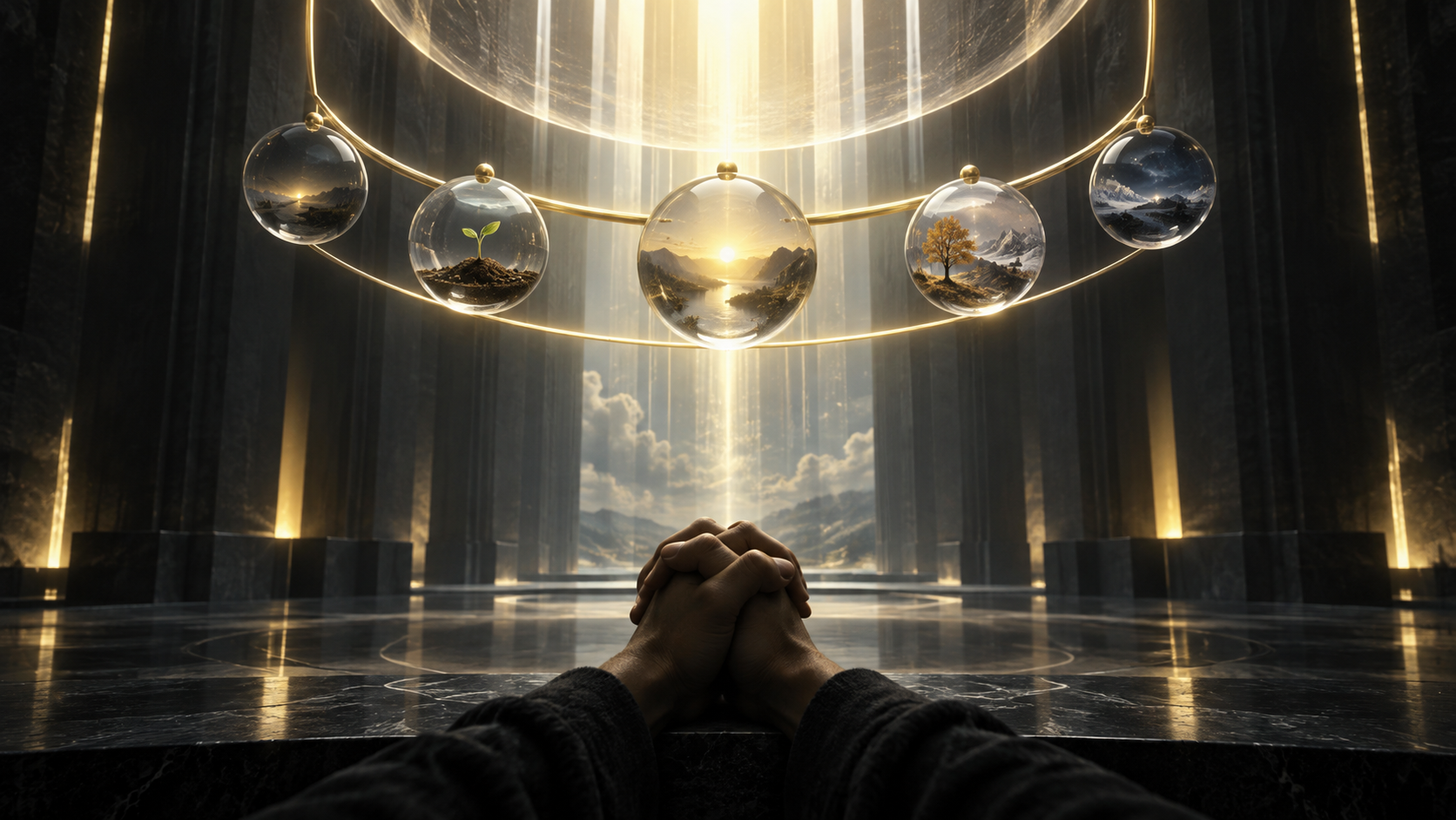 Folded hands beneath a vast illuminated timeline held within a greater frame, representing prayer under God's rule of time