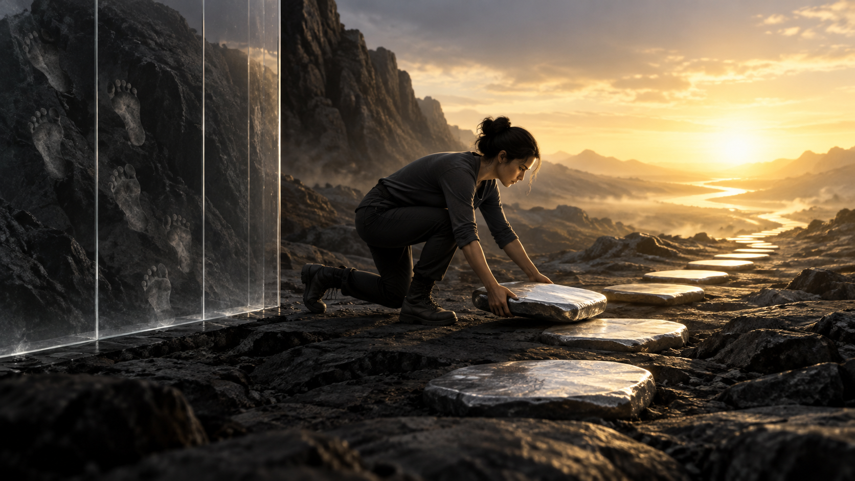 A person placing one firm stone on a forward path while the past remains sealed behind, representing faithful present action