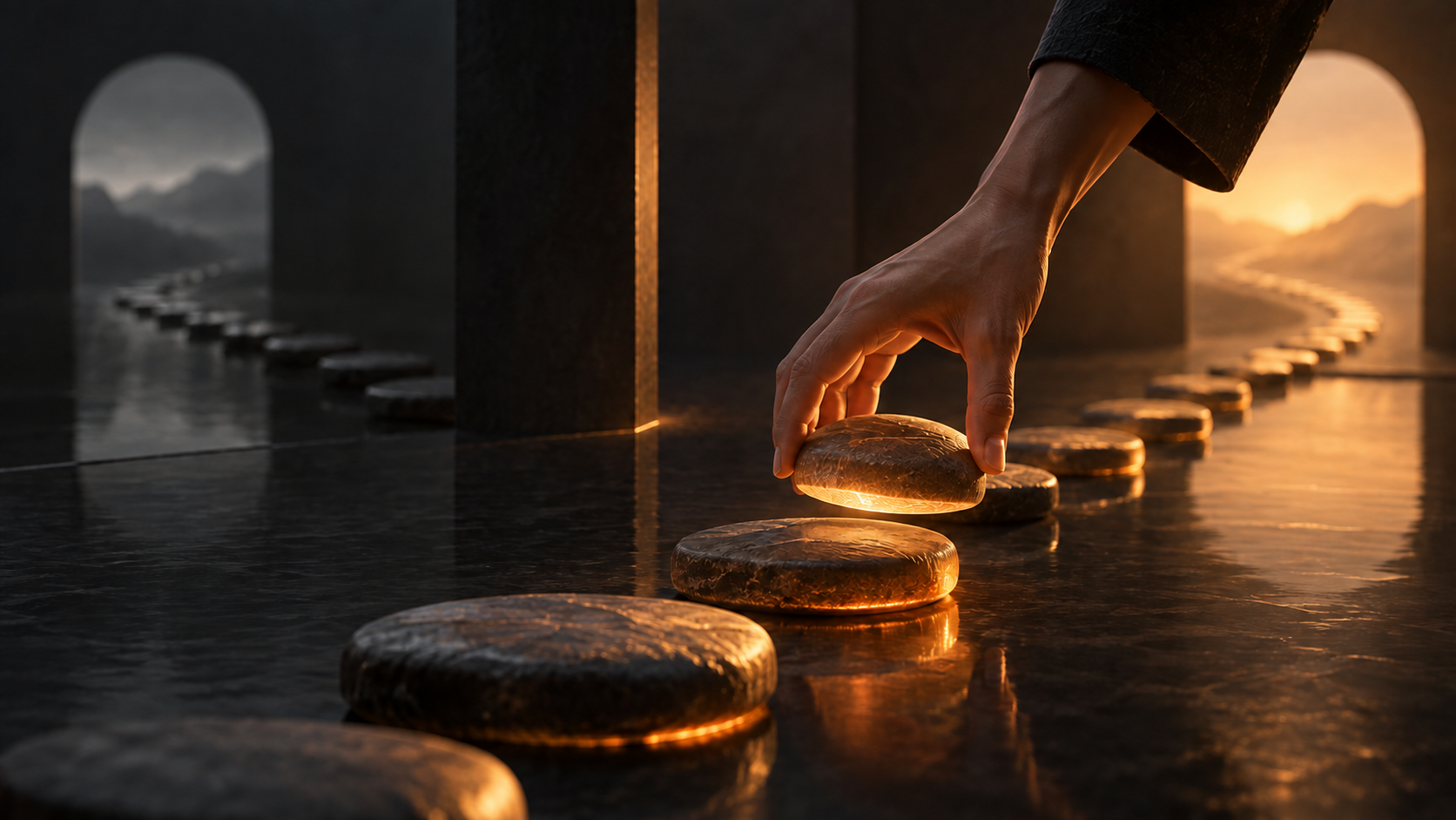 A steady hand placing one illuminated stone on a path while distant paths remain unfocused, representing present action