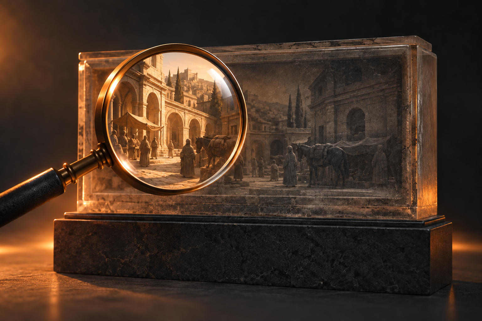 A clear lens bringing an old sealed scene into truthful focus without changing the scene itself, representing reframed perception
