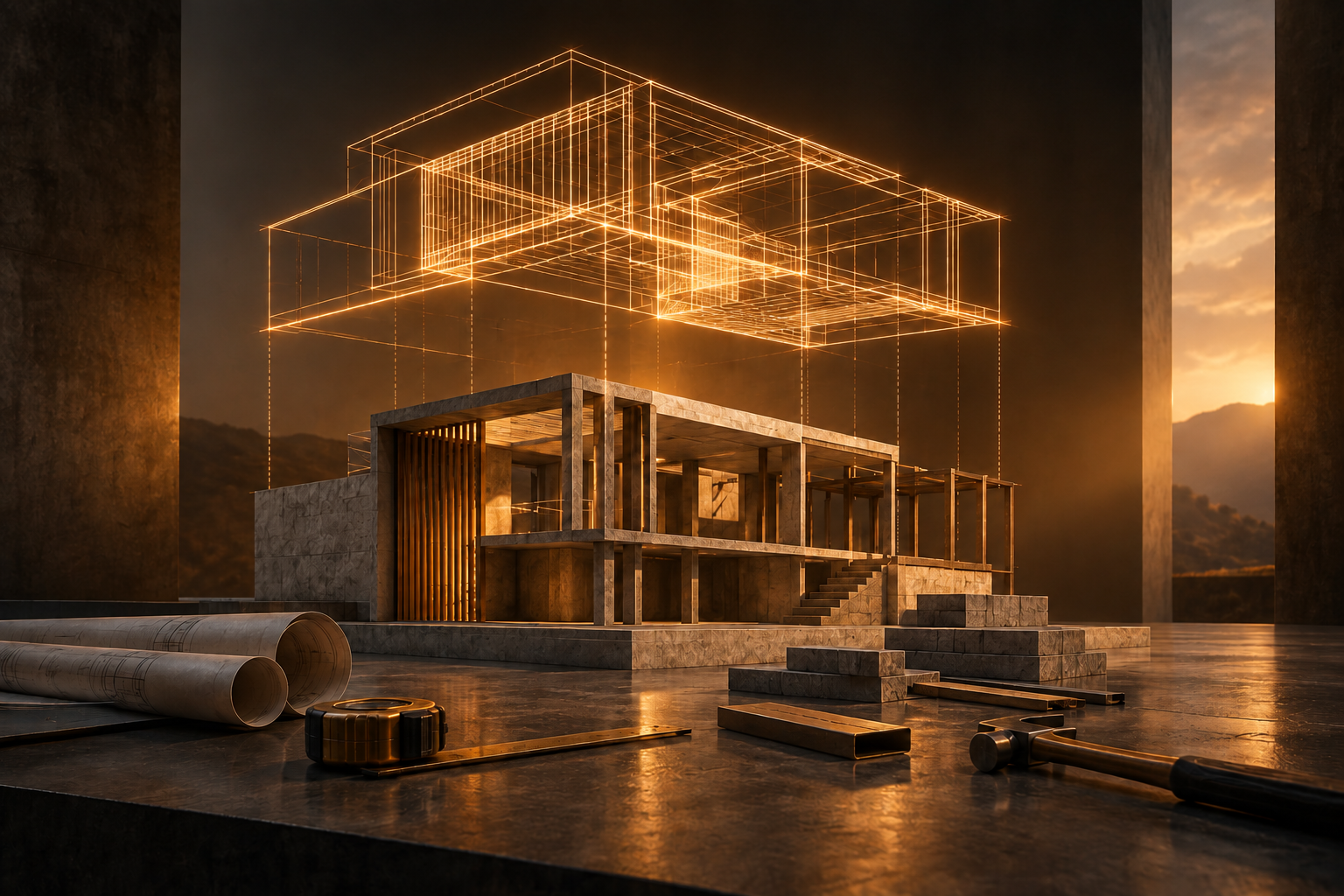 A detailed mental blueprint aligned with practical tools and a real unfinished structure, representing visualization joined to action