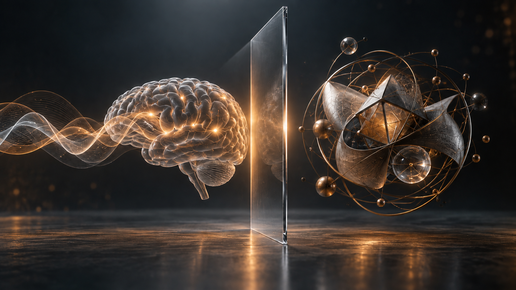 A calm brainwave pattern beside a folded scientific structure separated by a precise boundary, representing evidence and speculation