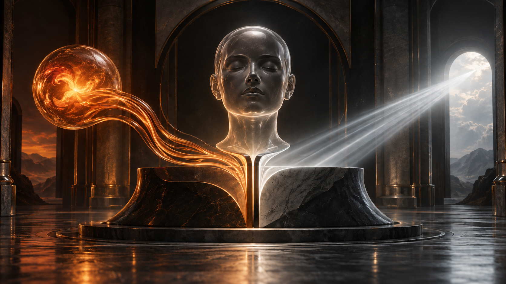 Two contrasting foundations beneath a human mind, one flowing from inward desire and one receiving light from beyond itself