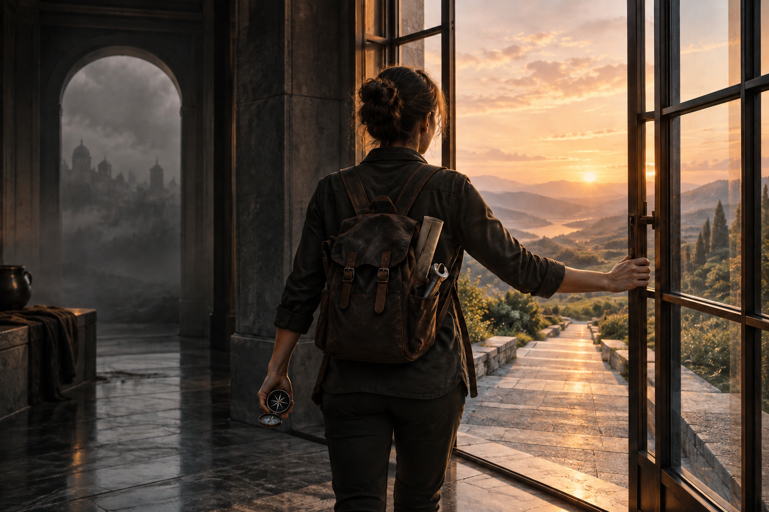 A person opening a clear window onto the present while carrying a compass and practical tools, representing renewed judgment