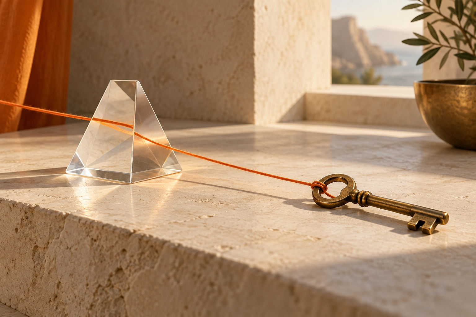 An orange thread passing through a clear glass prism toward a practical bronze key, symbolizing intention becoming action