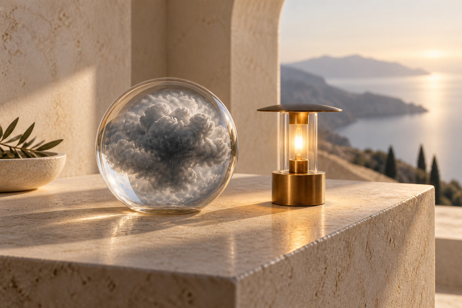 A storm contained inside a glass sphere beside a steady bronze lamp, distinguishing emotional intensity from reliable guidance
