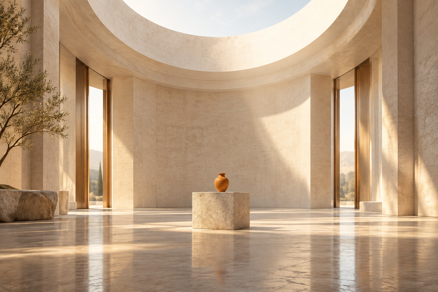 A small orange ceramic vessel beneath a vast architectural skylight, representing human dependence rather than self-generated divinity