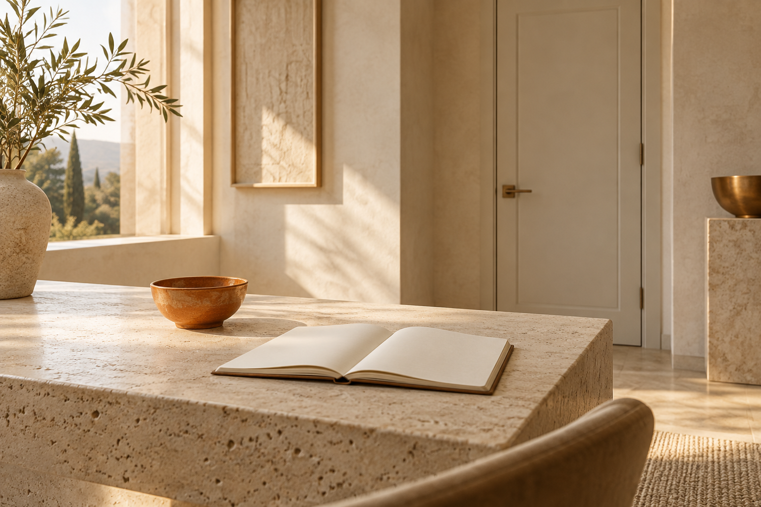 A quiet ivory room with a closed door, an orange vessel and a blank open notebook in soft daylight, representing attentive private prayer