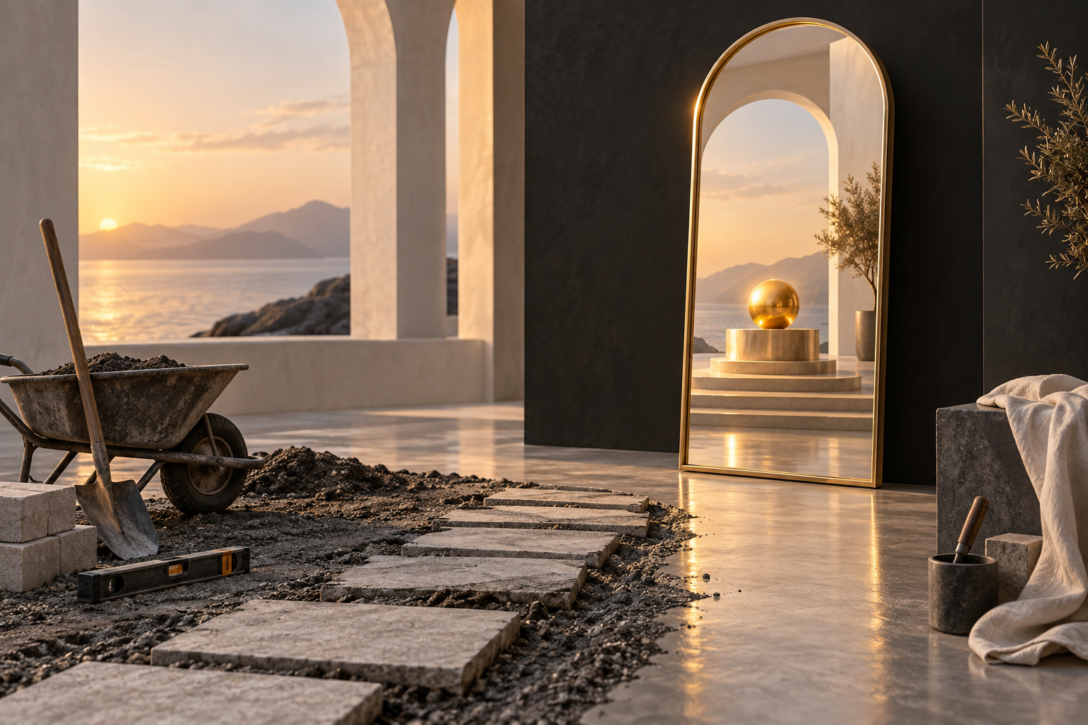A polished mirror reflecting a golden object beside an unfinished path and tools, symbolizing belief and action