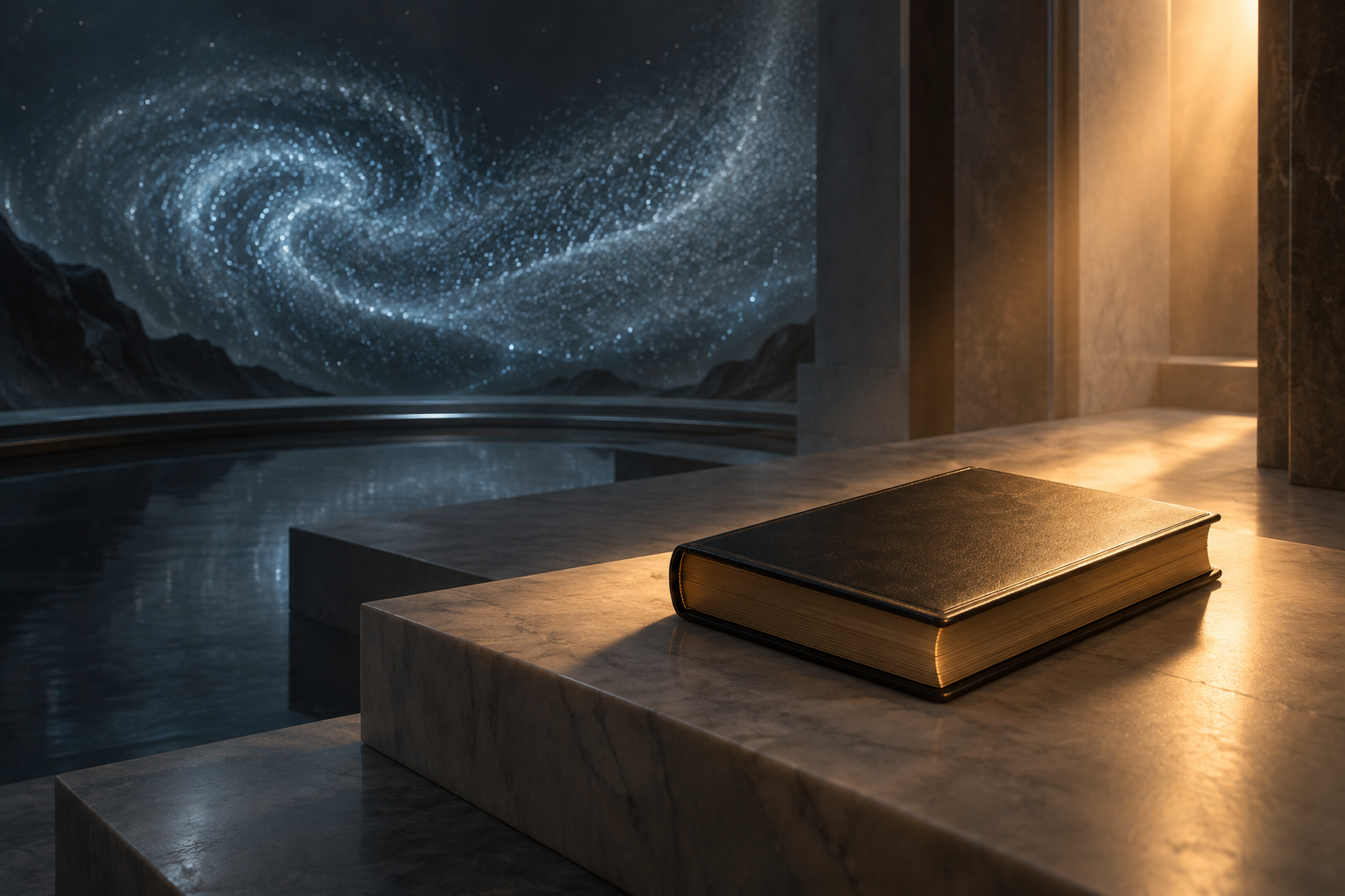A warm light illuminating an unmarked book beside a cold particle field, contrasting personal presence and impersonal energy