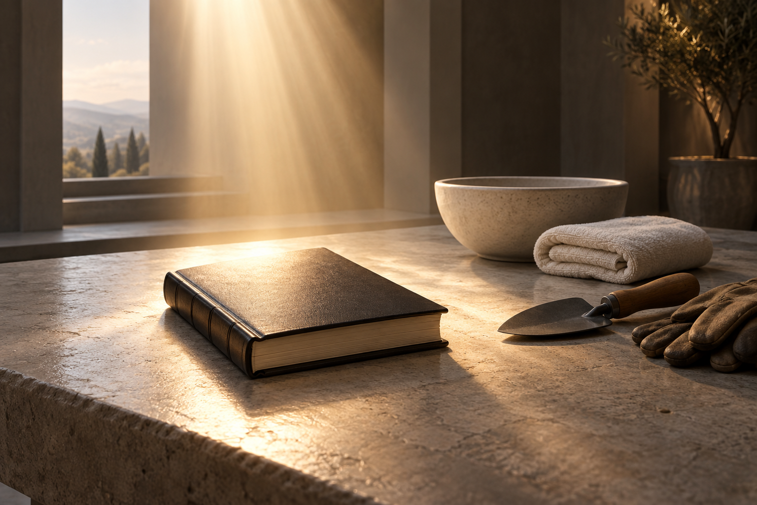 A book receiving light beside a bowl, towel, and tools of service, representing power received from God