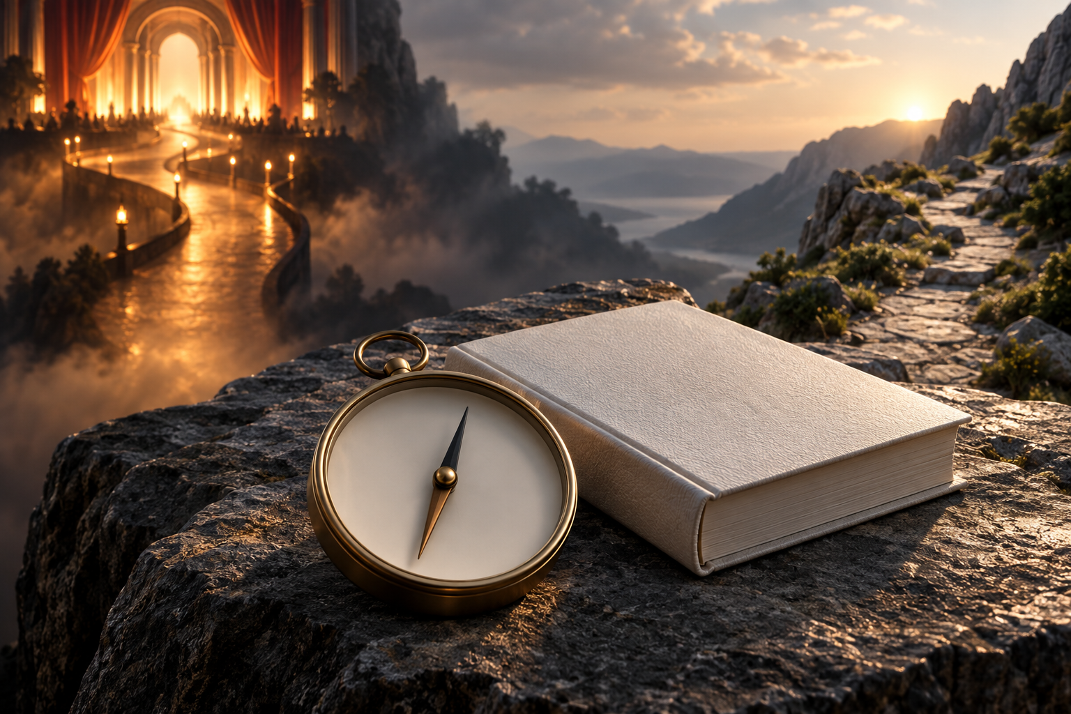 An unmarked compass and book at a crossroads, symbolizing disciplined spiritual discernment