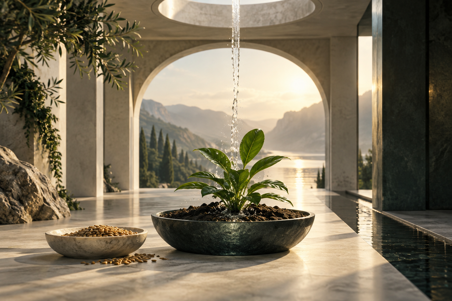 Seeds, water, and a living plant arranged beneath light, representing human labor and growth given by God