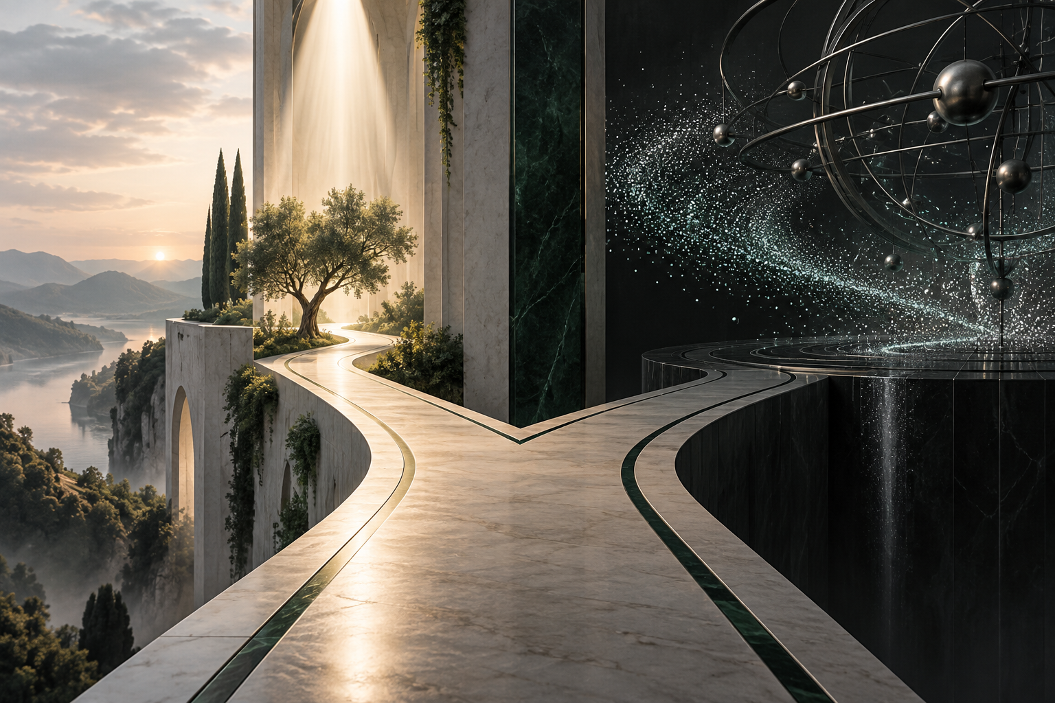 A clear beam of light above a branching path and a separate field of particles, contrasting personal providence and impersonal mechanism
