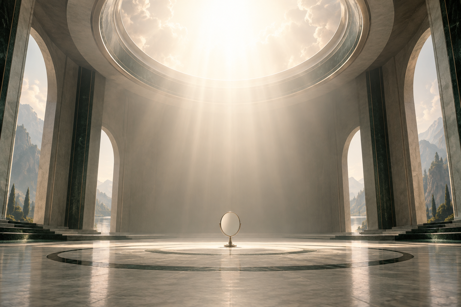A small mirror beneath a vast source of light, symbolizing the difference between self-knowledge and the Creator