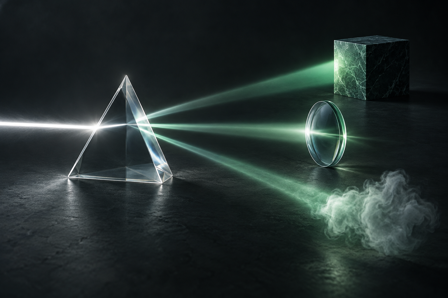 A glass prism separating a beam into distinct layers, symbolizing the separation of fact, interpretation, and opinion