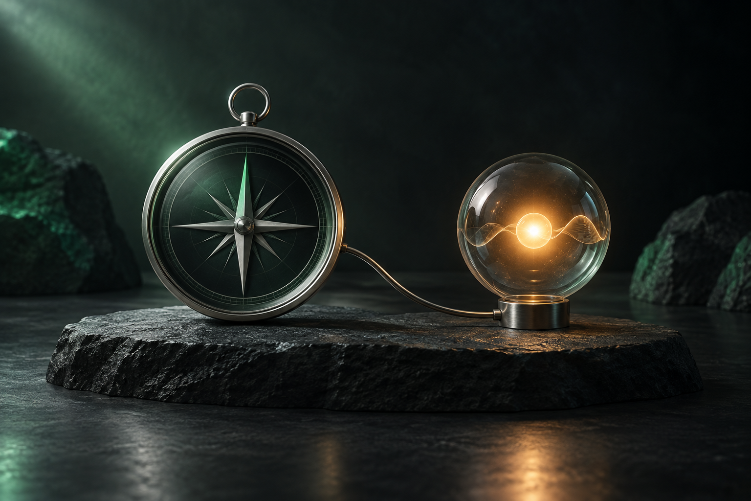 A steady compass beside a glowing pulse of light, symbolizing reason guiding emotional awareness