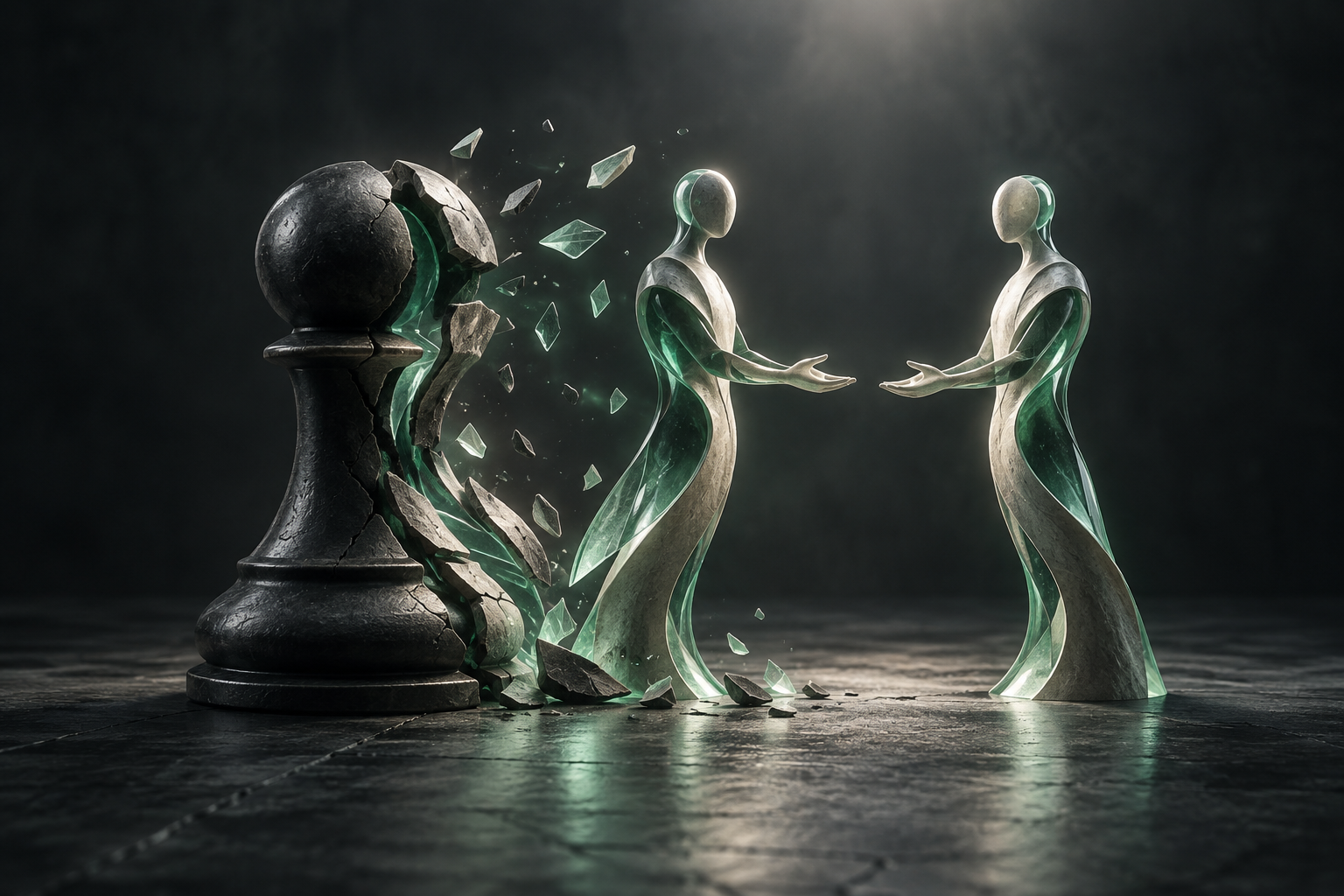 A chess piece transformed into an open hand beside another equal figure, symbolizing the rejection of manipulation and domination