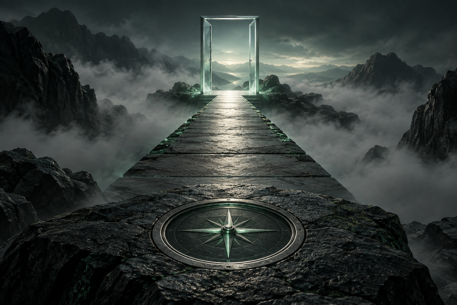 A clear path illuminated through a field of fog, symbolizing a disciplined practice of truth, humility, and courage