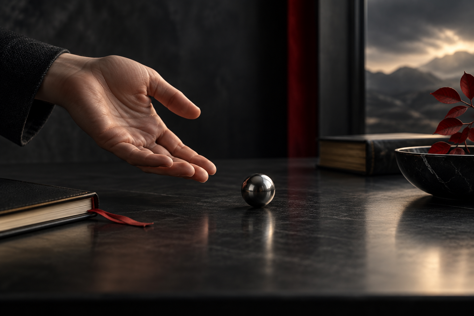 Open hand releasing a steel sphere onto a dark table, representing release of fixation