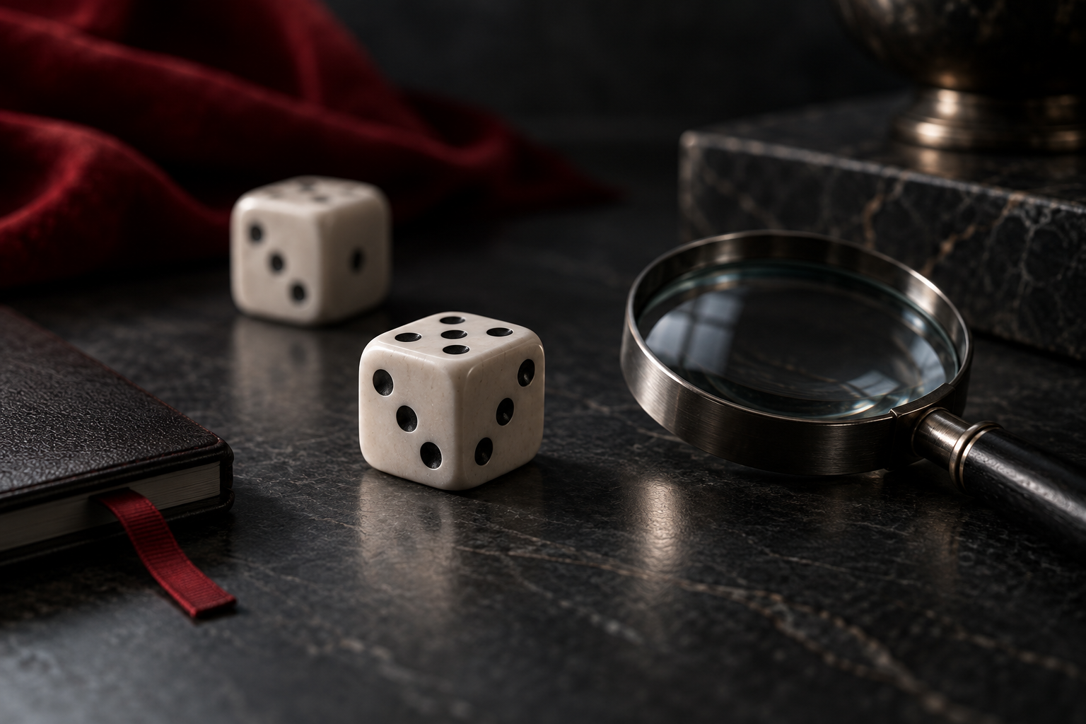 Two dice beside a magnifying lens on dark stone, representing careful examination of chance