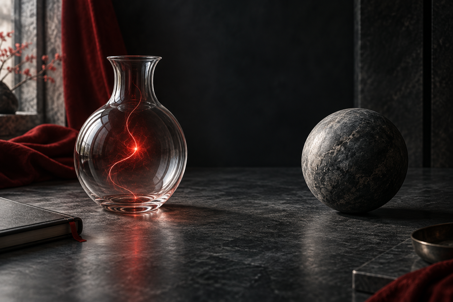 Red light contained in glass beside a separate stone sphere, representing a claimed mental force and physical reality