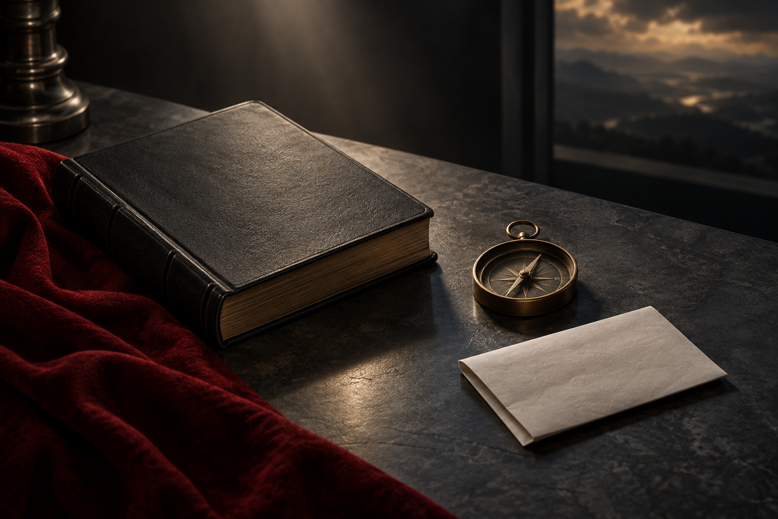 Unmarked book, brass compass, and folded paper on dark stone, representing prayerful direction and human plans