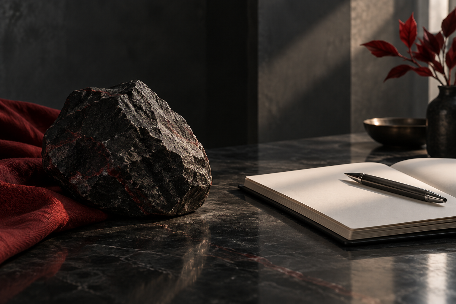 Dark stone beside a blank notebook and pen, representing responsibility after release