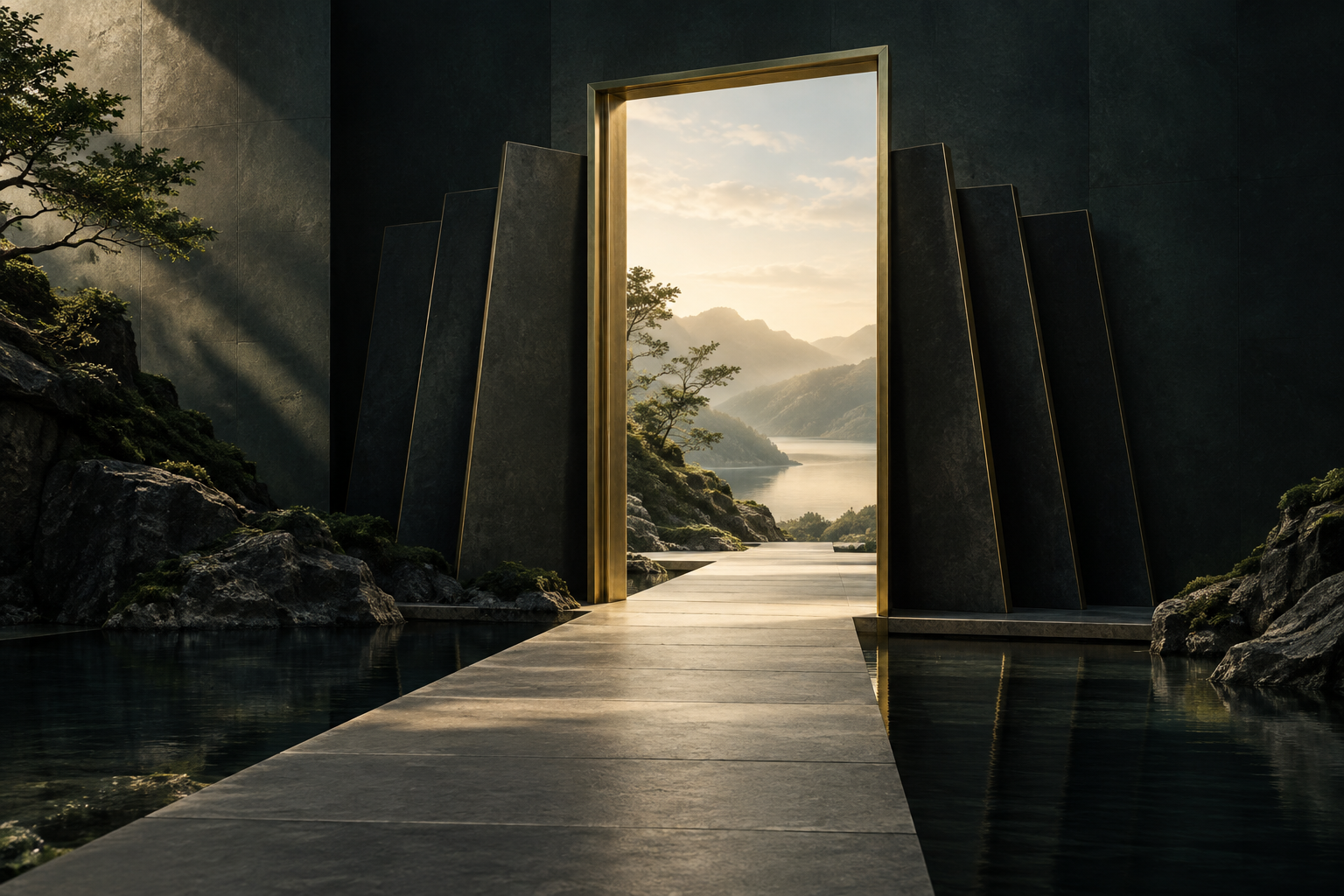 Open doorway and clear path beyond dark panels, representing freedom from social approval