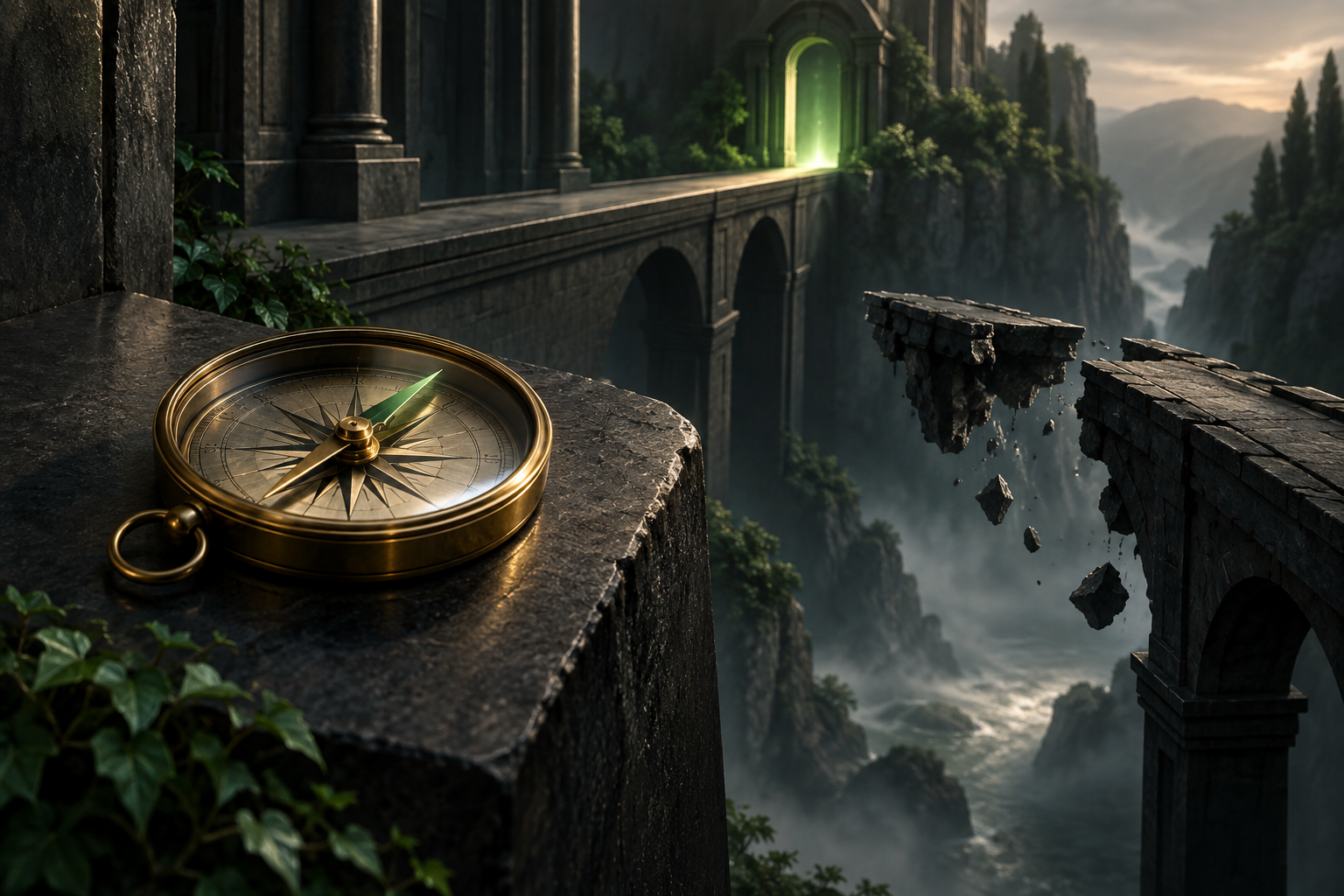 Brass compass beside a broken shortcut bridge, representing conscience governing choices
